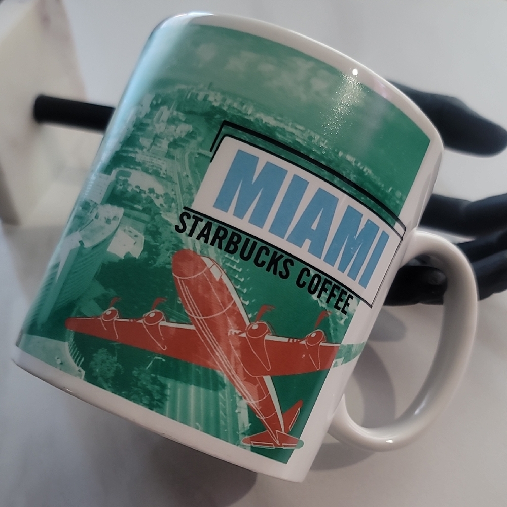 Starbucks 90's Vintage Miami Tea Coffee Mug with Red Airplane and Green Skyline